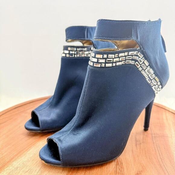 Nine West Boots Womens Size 7M Navy Blue Peep Toe Ankle Bootie Rhinestone Heels - Picture 3 of 12